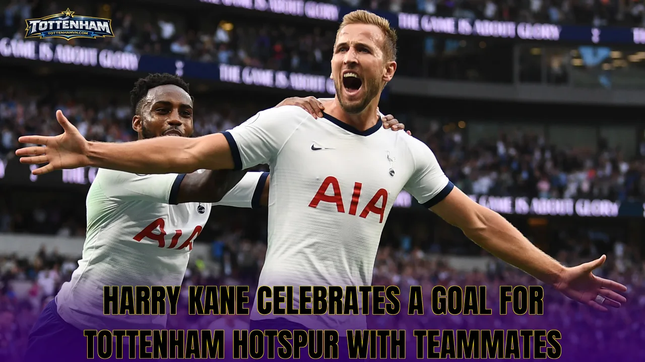 Harry Kane celebrates a goal for Tottenham Hotspur with teammates
