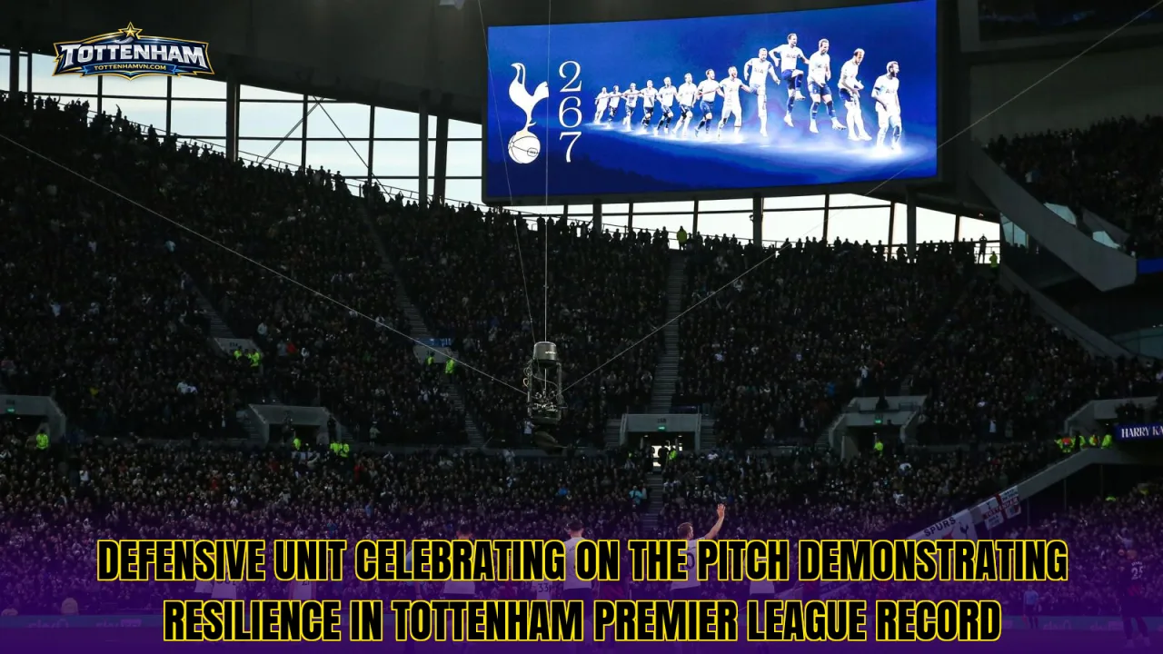 Defensive unit celebrating on the pitch demonstrating resilience in Tottenham Premier League record